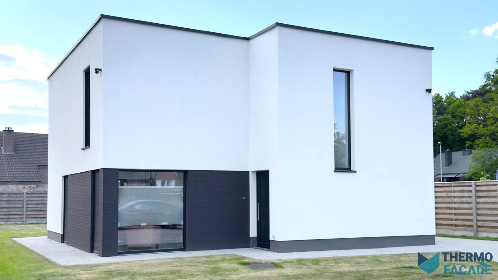 Gepleisterde woning met donkere sokkel